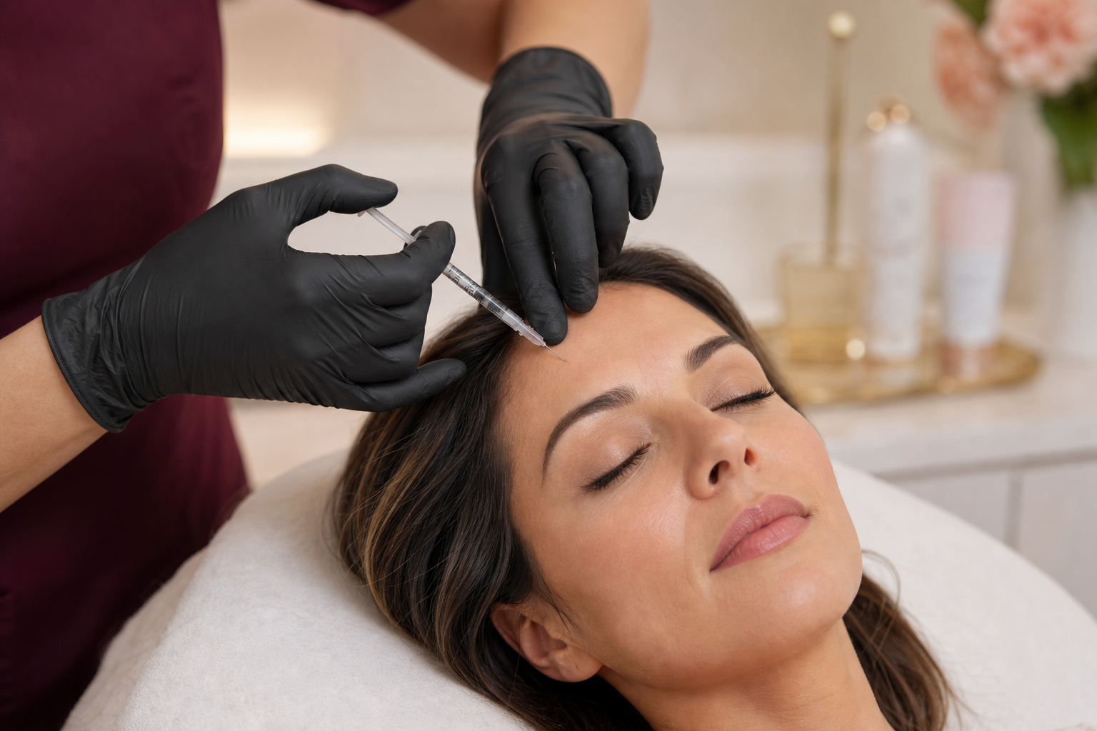 Botox treatment being applied near the forehead