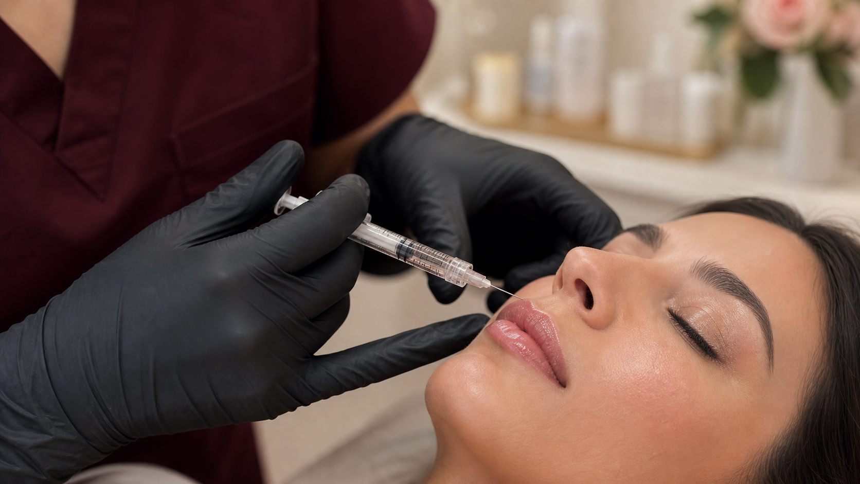 Close-up of dermal filler lip treatment
